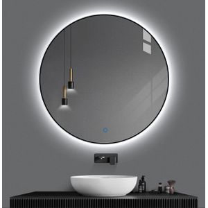 Badkamerspiegel Rond Mat Zwart LED Dimbaar en Instelbare Lichtkleur 80 cm met Spiegelverwarming