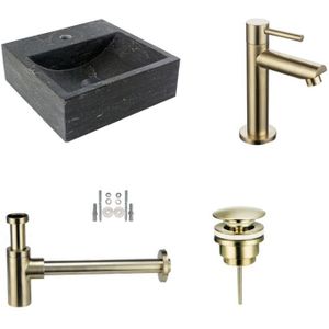 Fonteinset Hardstenen Square met Kraan, Afvoer en Sifon Goud 30x30x10 cm