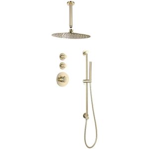 Sani Royal Pro Inbouw Regendouche Goud Geborsteld Messing Glijstang met geribbelde knop met 2 stopkranen met Plafondsteun en Douchekop 25cm