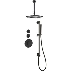 Sani Royal Pro Inbouw Regendouche Mat Zwart Messing Glijstang met geribbelde knop met 2 stopkranen met Plafondsteun en Douchekop 30cm