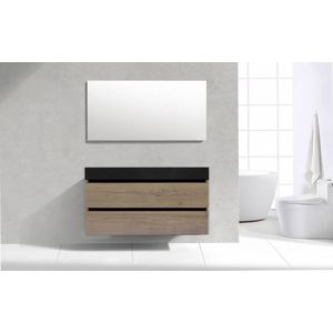 Badkamermeubel Generation Tabak Eik 100 cm Quartz Trend greeplijst aluminium mat zwart met Standaard Spiegel met 1 kraangat