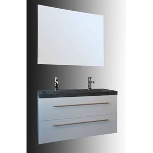 Badkamermeubel Trento Slim 100 cm Hoogglans Wit met Natuurstenen Wasbak zonder Standaard Spiegel met 2 kraangaten