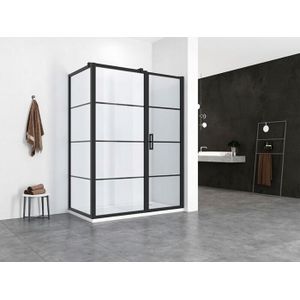 Douchecabine met Draaideur met Vast Paneel en Zijwand Hoekcabine 130x100cm 200cm Hoog Mat Zwart Frame Black Onyx 8mm Nano Glas Easy Clean