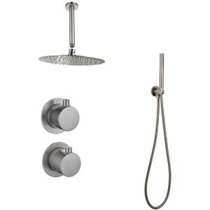 Sani Royal Inbouw Regendouche Doucheset Gun Metal Messing Geborsteld met Plafondsteun en Douchekop 30 cm met Afwerkringen