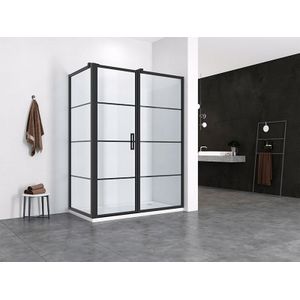 Douchecabine met Draaideur met Vast Paneel en Zijwand Hoekcabine 150x80cm 200cm Hoog Mat Zwart Frame Black Onyx 8mm Nano Glas Easy Clean