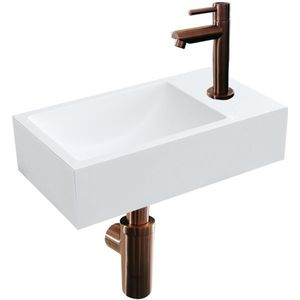 Solid Surface Fonteinset Recto met Kraan, Afvoer en Sifon Brons 40x22x10 cm Kraangat Links