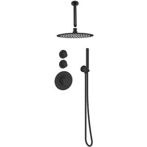 Sani Royal Pro Inbouw Regendouche Mat Zwart Messing met 2 stopkranen met Plafondsteun en Douchekop 25cm