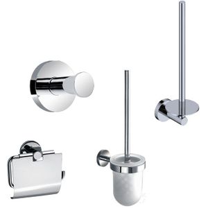 Toilet Accessoires Set Rond Chroom incl Toiletborstel, WC rolhouder, Haakje en Reserverolhouder