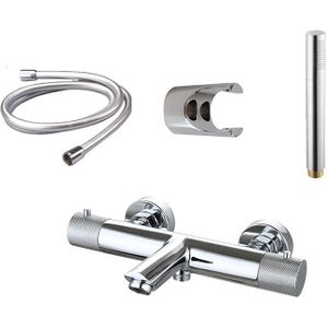 Badkraan met geribbelde knop opbouw thermostatisch rond Chroom messing Rond met Badset