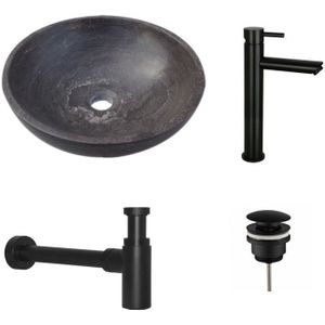 Natuurstenen Waskomset Rond Mat Zwart Opbouwkraan 38x38x12 cm