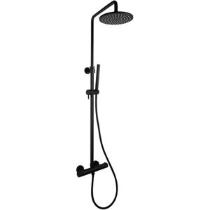Sani Royal Opbouw Regendouche met Thermostaatkraan Mat Zwart messing Compleet 25 cm Rond met Geribbelde Knoppen