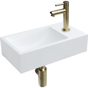 Solid Surface Fonteinset Recto met Kraan, Afvoer en Sifon Goud 40x22x10 cm Kraangat Rechts