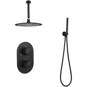 Sani Royal Inbouw Regendouche Doucheset Mat Zwart messing Geribbelde Knop met Plafondsteun en Douchekop 25 cm