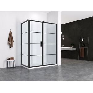 Douchecabine met Draaideur met Vast Paneel en Zijwand Hoekcabine 120x80cm 200cm Hoog Mat Zwart Frame Black Onyx 8mm Nano Glas Easy Clean