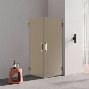 Douchecabine bronsglas met 2 draaideuren profielloos goud 70x80cm 8mm antikalk 200cm hoog