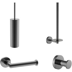 Toilet Accessoires Set 4-delig Rond Gun Metal Geborsteld incl. Toiletborstel, WC rolhouder, Haak en Reserve rolhouder