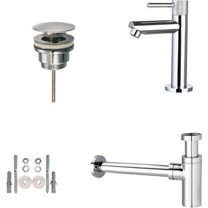 Toiletkraan set met afvoer en design sifon chroom rond met geribbelde hendel
