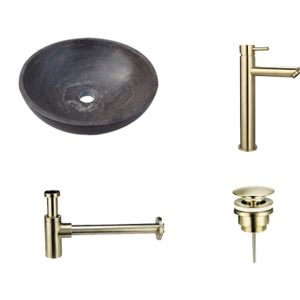 Natuurstenen Waskomset Rond Goud Opbouwkraan 38x38x12 cm