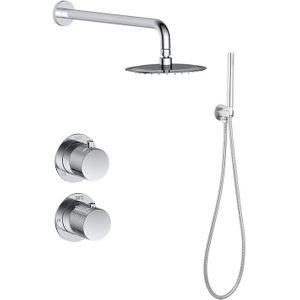 Inbouw Regendouche Chroom Messing Rond met Muursteun en Douchekop 25cm met Afwerkringen en Geribbelde Knop