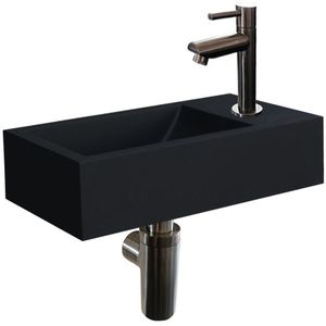 Quartz Zwart Fonteinset met Kraan, Afvoer en Sifon Gun Metal 40x22x10 cm Kraangat Rechts