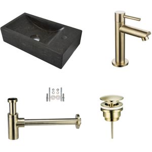Fonteinset Hardstenen Recto Mini met Kraan, Afvoer en Sifon Goud 36x18x10 cm Kraangat Links