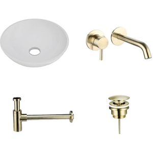 Solid Surface Waskomset Aquino rond Goud Inbouwkraan 38x38x12 cm