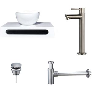 Solid Surface Waskom Rond met Solid Surface Planchet met Opbouwkraan, Afvoer en Sifon Gun Metal 40x22x8 cm