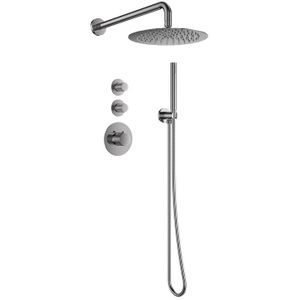 Sani Royal Pro Inbouw Regendouche Gun Metal Geborsteld Messing met geribbelde knop met 2 stopkranen met Muursteun en Douchekop 30cm