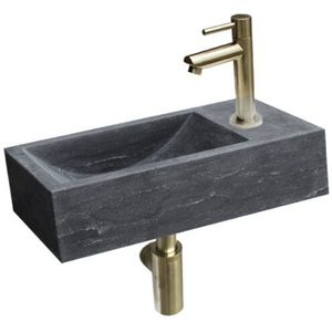 Natuursteen Fonteinset Rimini Mini met Kraan, Afvoer en Sifon Goud 36x18x10 cm Kraangat Links