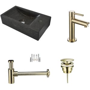 Fonteinset Hardstenen Recto met Kraan, Afvoer en Sifon Goud 40x22x10 cm Kraangat Links