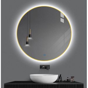 Badkamerspiegel Rond Goud LED Dimbaar en Instelbare Lichtkleur 100 cm met Spiegelverwarming