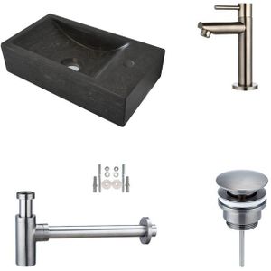 Fonteinset Hardstenen Recto Mini met Kraan, Afvoer en Sifon Gun Metal 36x18x10 cm Kraangat Rechts