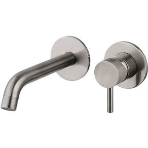 Inbouw Wastafelkraan Gun Metal messing geborsteld Compleet met Geribbelde Hendel