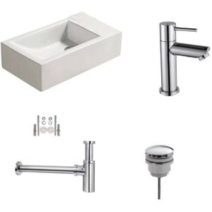 Fonteinset Keramiek Qubic met Kraan, Afvoer en Sifon Chroom 45x25x12 cm Kraangat Links