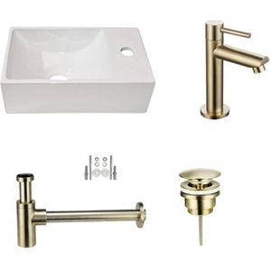 Fonteinset Keramiek New Wonder met Kraan, Afvoer en Sifon Goud 30x18.5x9.5 cm Kraangat Rechts