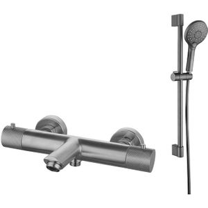 Opbouw badkraan Gun Metal geborsteld met geribbelde knop en glijstang set