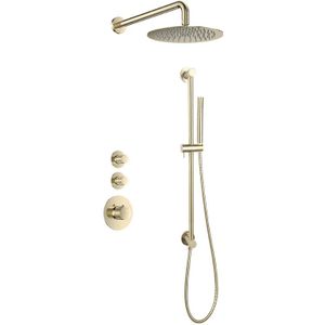 Sani Royal Pro Inbouw Regendouche Goud Geborsteld Messing Glijstang met geribbelde knop met 2 stopkranen met Muursteun en Douchekop 25cm
