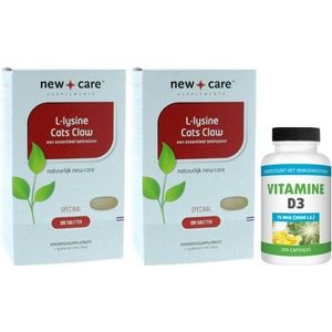 New Care L-Lysine & Cat&#039;s Claw duo-pak 2x 120 tabletten + gratis Gezonderwinkelen Vitamine D3 75mcg 200 capsules