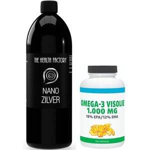 The Health Factory Nano Zilver / Colloidaal Zilver 15ppm 1000ml & Gratis Gezonderwinkelen Visolie 120 capsules