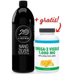 The Health Factory Nano Zilver / Colloidaal Zilver 15ppm 1000ml & Gratis Gezonderwinkelen Visolie 120 capsules
