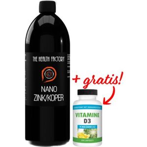 The Health Factory Nano Zink/Koper / Colloidaal Zink/Koper 500ml + Gratis Gezonderwinkelen Vitamine D3 75mcg 200 capsules