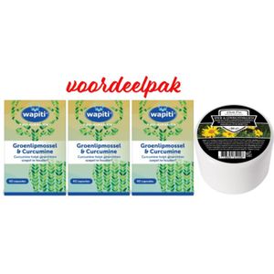 Wapiti Groenlipmossel met Curcumine Extract trio-pak 3x 60 capsules met gratis pot Health Food Spier- & Gewrichtsbalsem 200ml