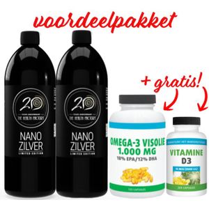 The Health Factory Nano Zilver / Colloidaal Zilver 15ppm 1000ml Duo-pak (2x 1 liter) & Gratis Gratis Gezonderwinkelen Visolie 120 capsules + Gezonderwinkelen Vitamine D3 75mcg 200 capsules