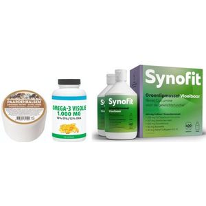 Synofit Groenlipmossel Vloeibaar duo 2x 400ml (= 800ml) &  Gratis Gezonderwinkelen Visolie 120 capsules & Paardenbalsem Spier- & Gewrichtsbalsem 200ml