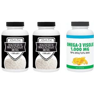 Health Food Magnesium Bisglycinaat duo-pak 2x 180 tabletten + Gratis Gezonderwinkelen Visolie 120 capsules
