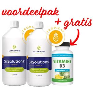Vitakruid SilSolutions Vloeibaar Silicea Tropical 1 liter Duo-pak & Gratis Gezonderwinkelen Vitamine D3 75mcg 200 capsules  (dus 2x 1 liter + gratis 200 capsules Vitamine D3 75mcg)