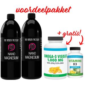 The Health Factory Nano Magnesium / Colloidaal Magnesium 70ppm 1000ml Duo-pak (2x 1000ml) & Gratis Health Food Visolie 120 capules + Gezonderwinkelen Vitamine D3 75mcg 200 capsules