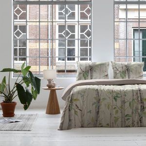 Dekbedovertrek Katoen-Satijn - Birch & Birds - Tweepersoons (200x200 Cm) - Meerkleurig & Beige Katoen-satijn - Natuur & Dieren - Fresh And Co - Dekbed-Discounter.nl