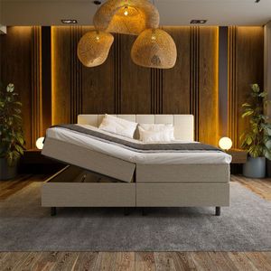 2-Persoons Boxspring Met Opbergruimte Wide - Beige - Beige 160x210 Cm - Pocketvering - Inclusief Topper - Dekbed-Discounter.nl