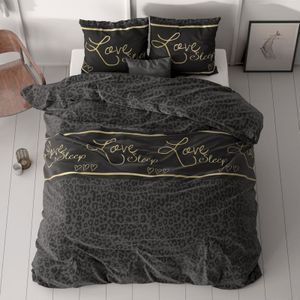 Dekbedovertrek Black Sleep Dekbedovertrek - Tweepersoons (200x200 cm) - Zwart Katoen - Dessin: Tekst - Sleeptime Elegance